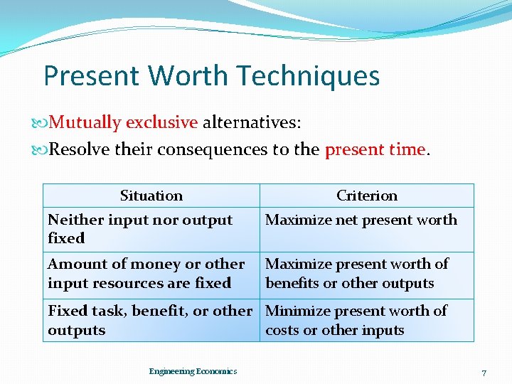 Present Worth Techniques Mutually exclusive alternatives: Resolve their consequences to the present time. Situation