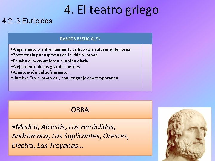 4. 2. 3 Eurípides 4. El teatro griego RASGOS ESENCIALES • Alejamiento o enfrentamiento