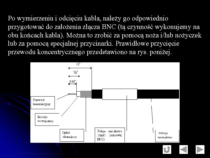 Po wymierzeniu i odcięciu kabla, należy go odpowiednio przygotować do założenia złącza BNC (tą