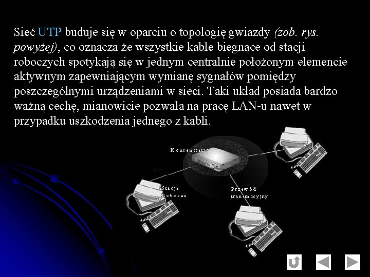 Sieć UTP buduje się w oparciu o topologię gwiazdy (zob. rys. powyżej), co oznacza