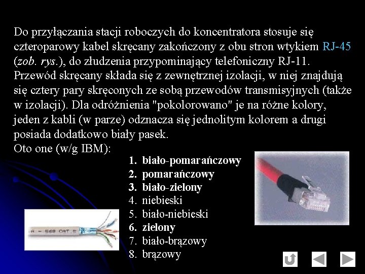 Do przyłączania stacji roboczych do koncentratora stosuje się czteroparowy kabel skręcany zakończony z obu