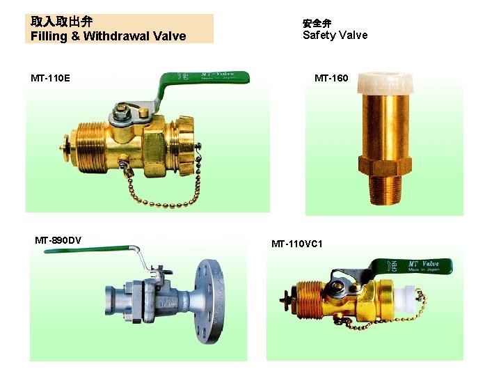 取入取出弁 Filling & Withdrawal Valve MT-110 E 安全弁 Safety Valve MT-160 MT-890 DV MT-110