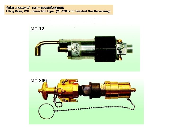 充填弁、ＰＯＬタイプ （ＭＴ－１２Ｖはガス回収用） Filling Valve, POL Connection Type (MT-12 V is for Residual Gas Recovering)