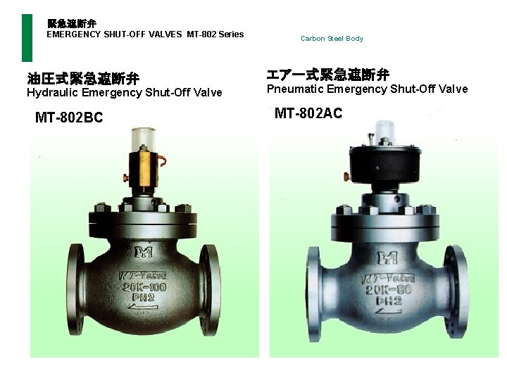  緊急遮断弁 EMERGENCY SHUT-OFF VALVES MT-802 Series Carbon Steel Body 油圧式緊急遮断弁 Hydraulic Emergency Shut-Off