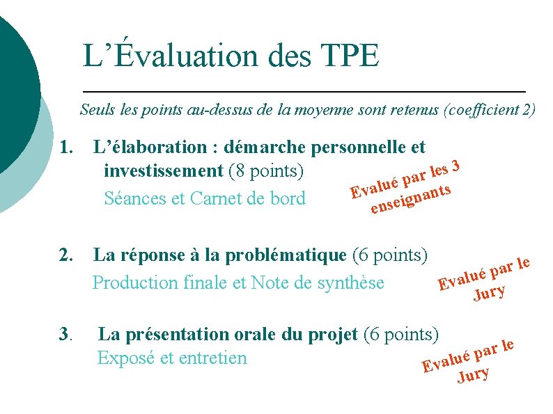 L’Évaluation des TPE Seuls les points au-dessus de la moyenne sont retenus (coefficient 2)