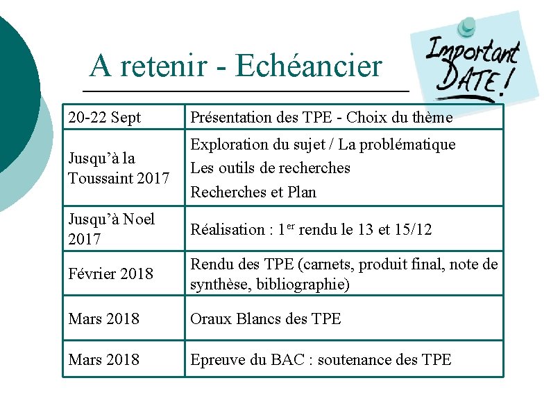 A retenir - Echéancier 20 -22 Sept Présentation des TPE - Choix du thème