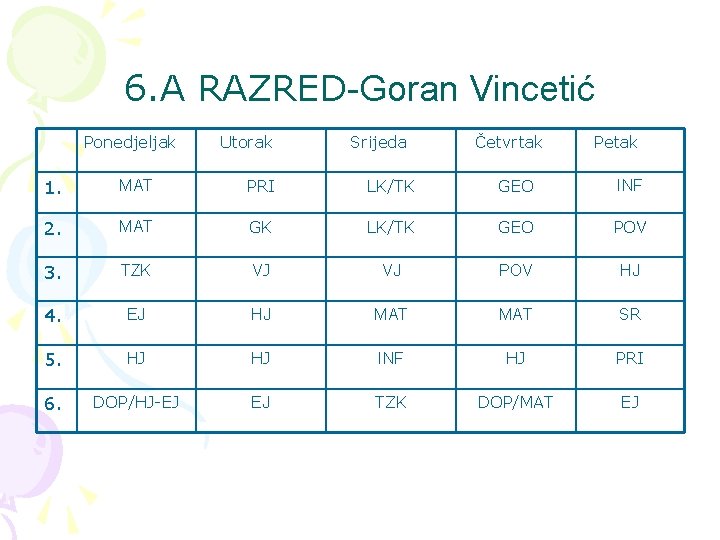 6. A RAZRED-Goran Vincetić Ponedjeljak Utorak Srijeda Četvrtak Petak 1. MAT PRI LK/TK GEO