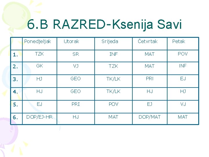 6. B RAZRED-Ksenija Savi Ponedjeljak Utorak Srijeda Četvrtak Petak 1. TZK SR INF MAT