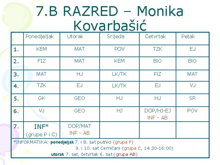 7. B RAZRED – Monika Kovarbašić Ponedjeljak Utorak Srijeda Četvrtak Petak 1. KEM MAT