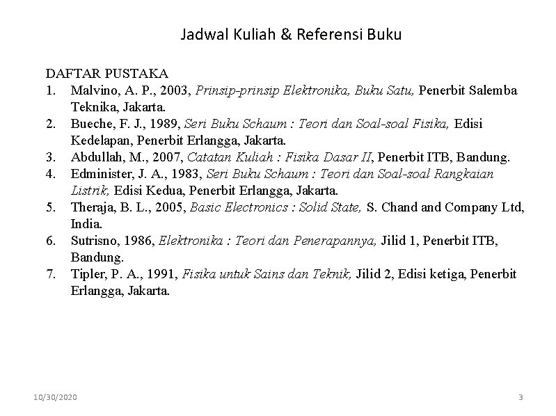 Jadwal Kuliah & Referensi Buku DAFTAR PUSTAKA 1. Malvino, A. P. , 2003, Prinsip-prinsip