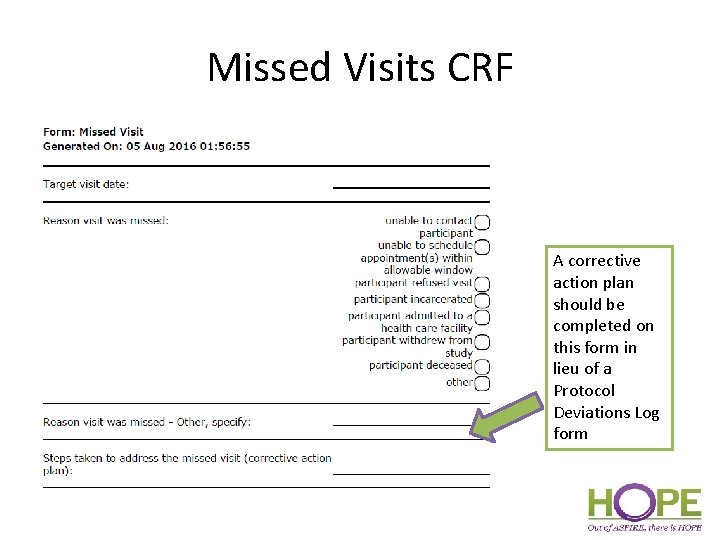 Missed Visits CRF A corrective action plan should be completed on this form in