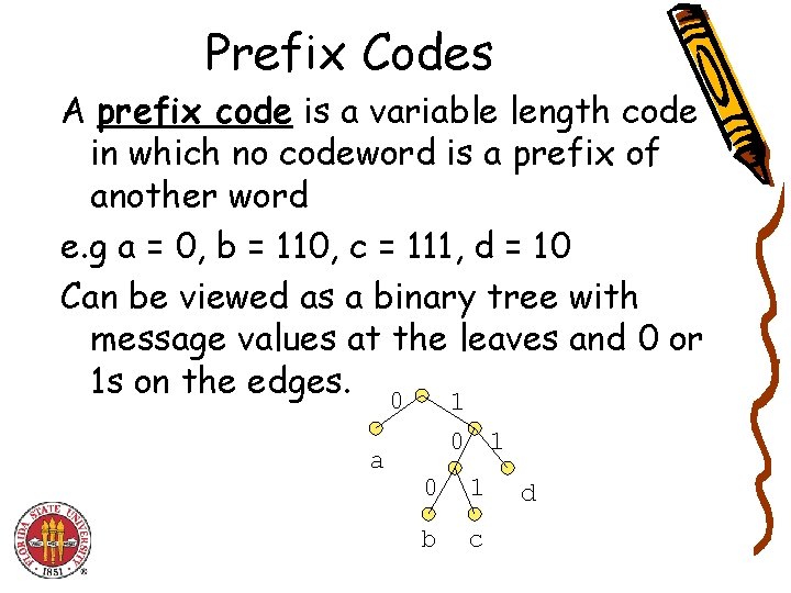 Prefix Codes A prefix code is a variable length code in which no codeword Prefix Codes A prefix code is a variable length code in which no codeword