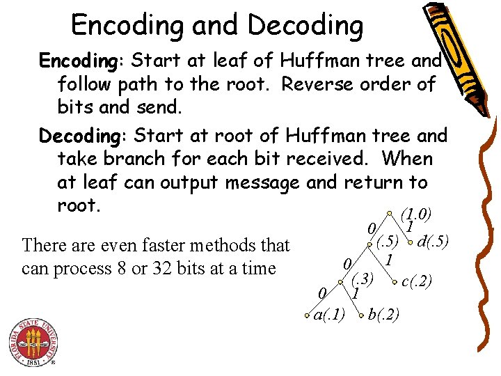 Encoding and Decoding Encoding: Start at leaf of Huffman tree and follow path to Encoding and Decoding Encoding: Start at leaf of Huffman tree and follow path to