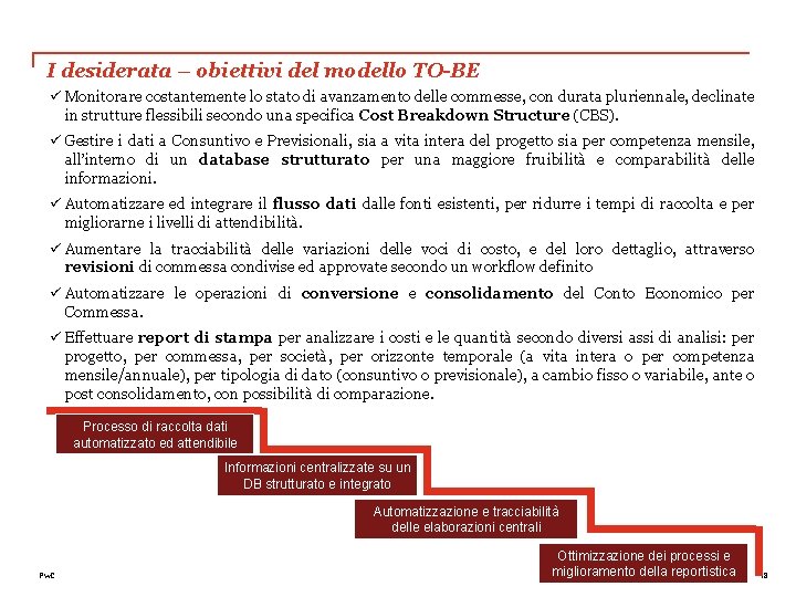 I desiderata – obiettivi del modello TO-BE ü Monitorare costantemente lo stato di avanzamento