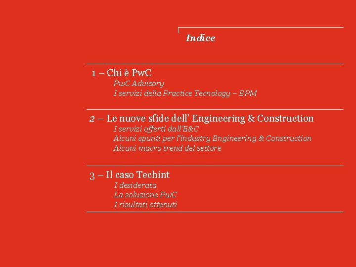 Indice 1 – Chi è Pw. C Advisory I servizi della Practice Tecnology –