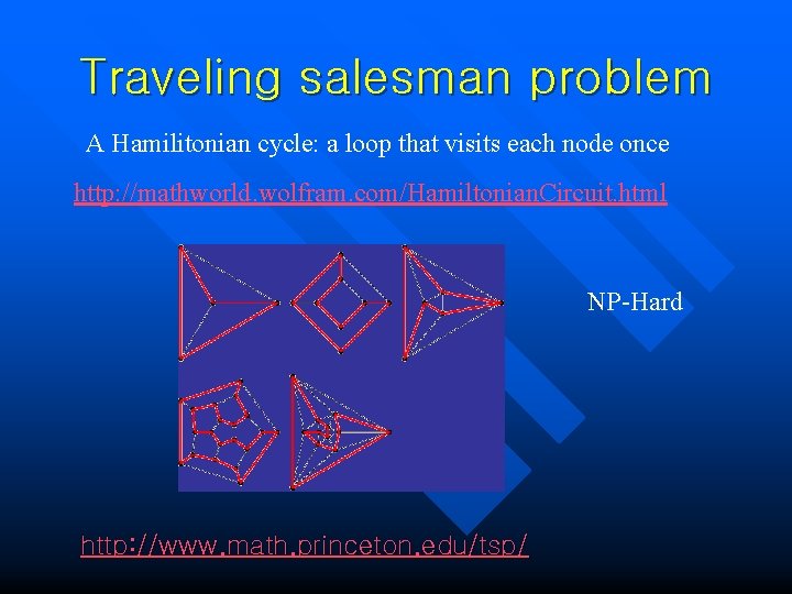 Traveling salesman problem A Hamilitonian cycle: a loop that visits each node once http:
