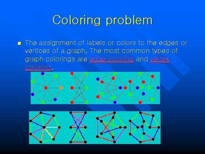 Coloring problem n The assignment of labels or colors to the edges or vertices