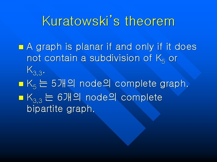 Kuratowski’s theorem A graph is planar if and only if it does not contain