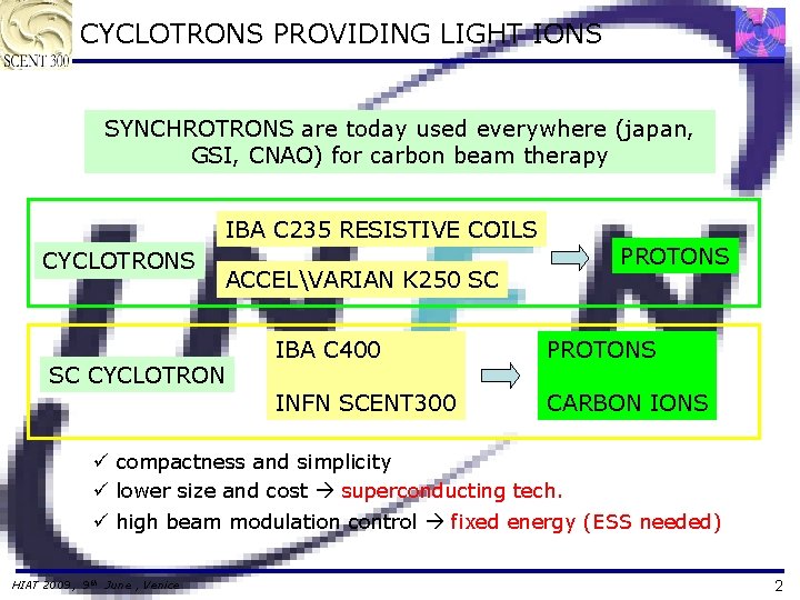 CYCLOTRONS PROVIDING LIGHT IONS SYNCHROTRONS are today used everywhere (japan, GSI, CNAO) for carbon