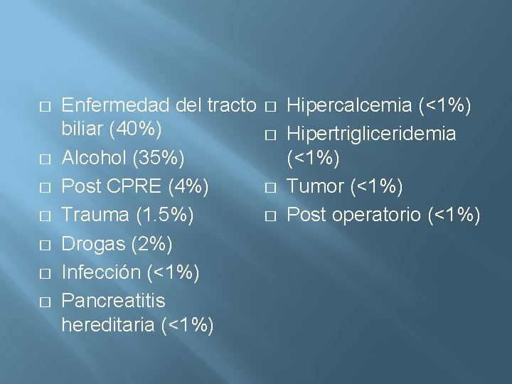 � � � � Enfermedad del tracto biliar (40%) Alcohol (35%) Post CPRE (4%)