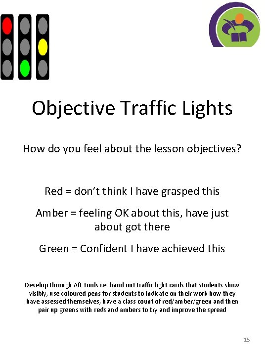 Objective Traffic Lights How do you feel about the lesson objectives? Red = don’t
