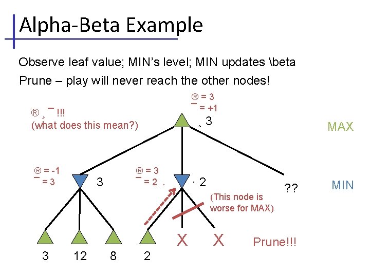 Alpha-Beta Example Observe leaf value; MIN’s level; MIN updates beta Prune – play will