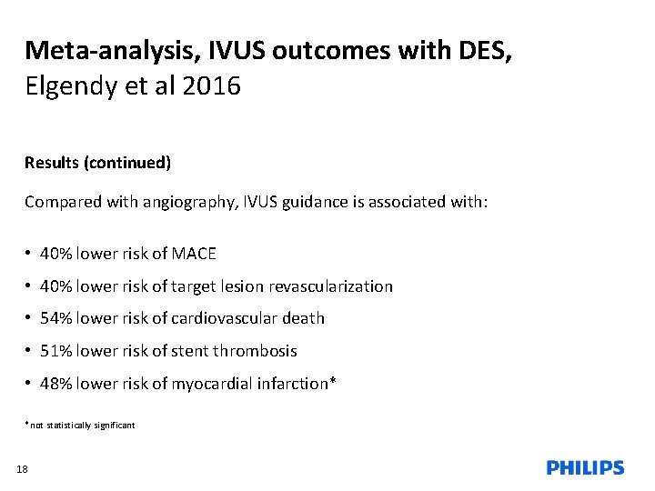 Meta-analysis, IVUS outcomes with DES, Elgendy et al 2016 Results (continued) Compared with angiography,