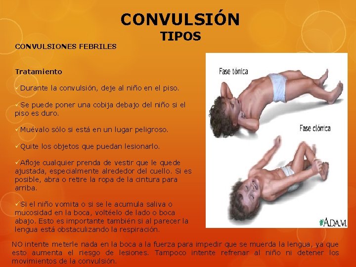 CONVULSIÓN CONVULSIONES FEBRILES TIPOS Tratamiento üDurante la convulsión, deje al niño en el piso.