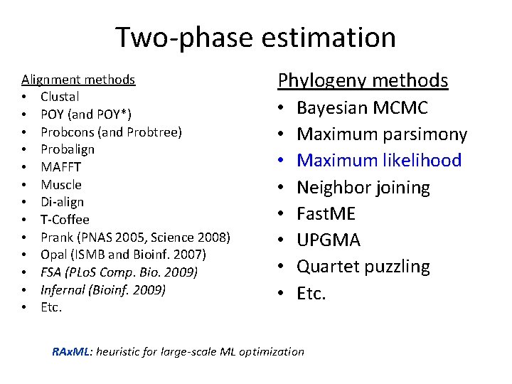 Two-phase estimation Alignment methods • Clustal • POY (and POY*) • Probcons (and Probtree)