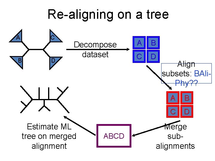 Re-aligning on a tree C A B D Decompose dataset Estimate ML tree on