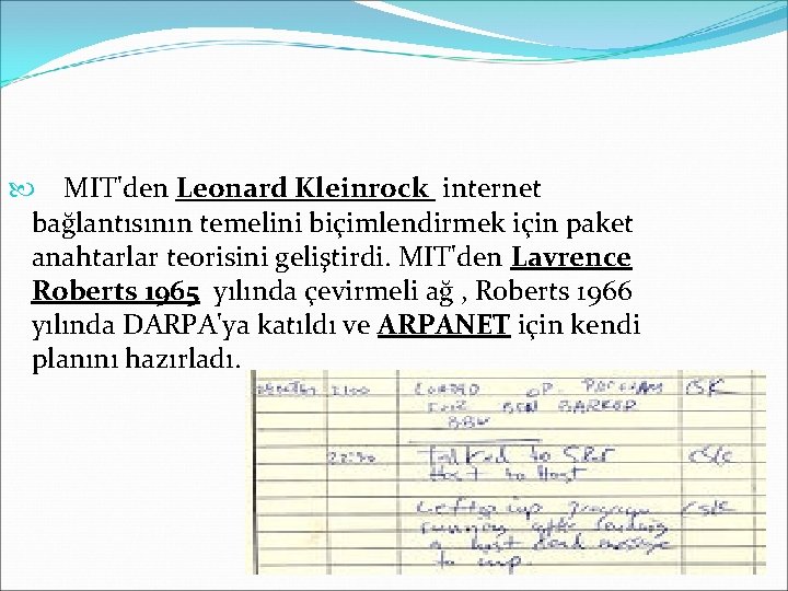 MIT'den Leonard Kleinrock internet bağlantısının temelini biçimlendirmek için paket anahtarlar teorisini geliştirdi. MIT'den MIT'den Leonard Kleinrock internet bağlantısının temelini biçimlendirmek için paket anahtarlar teorisini geliştirdi. MIT'den