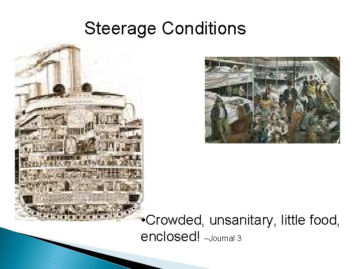Steerage Conditions • Crowded, unsanitary, little food, enclosed! –Journal 3 Steerage Conditions • Crowded, unsanitary, little food, enclosed! –Journal 3