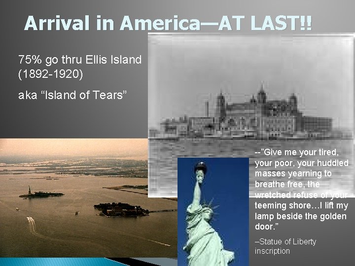 Arrival in America—AT LAST!! 75% go thru Ellis Island (1892 -1920) aka “Island of Arrival in America—AT LAST!! 75% go thru Ellis Island (1892 -1920) aka “Island of