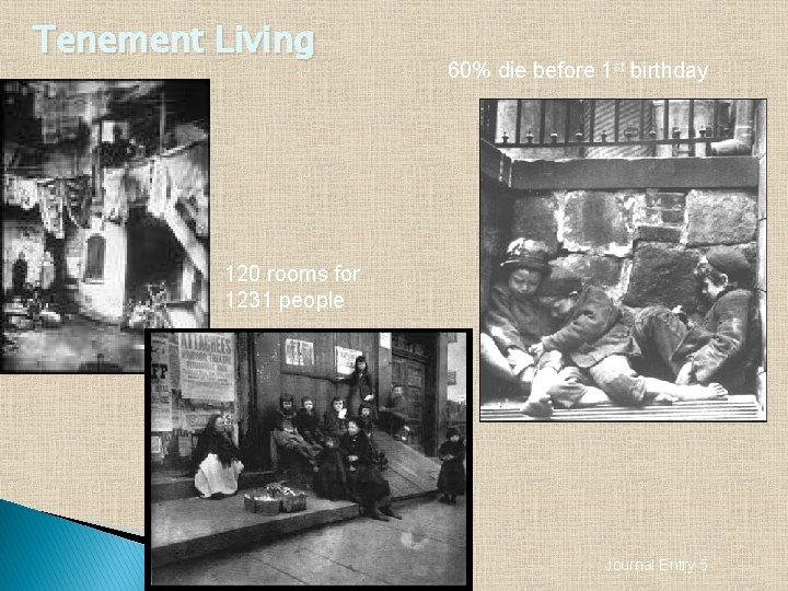 Tenement Living 60% die before 1 st birthday 120 rooms for 1231 people Journal Tenement Living 60% die before 1 st birthday 120 rooms for 1231 people Journal