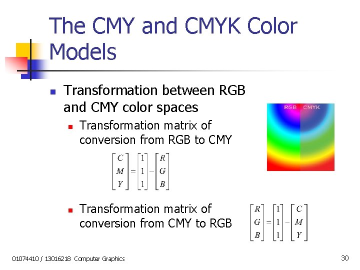 The CMY and CMYK Color Models n Transformation between RGB and CMY color spaces