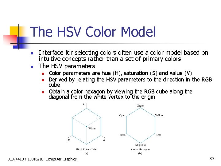 The HSV Color Model n n Interface for selecting colors often use a color