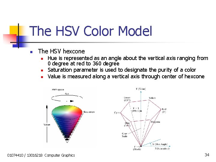 The HSV Color Model n The HSV hexcone n n n Hue is represented