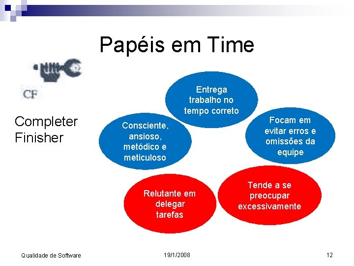 Papéis em Time Completer Finisher Entrega trabalho no tempo correto Consciente, ansioso, metódico e