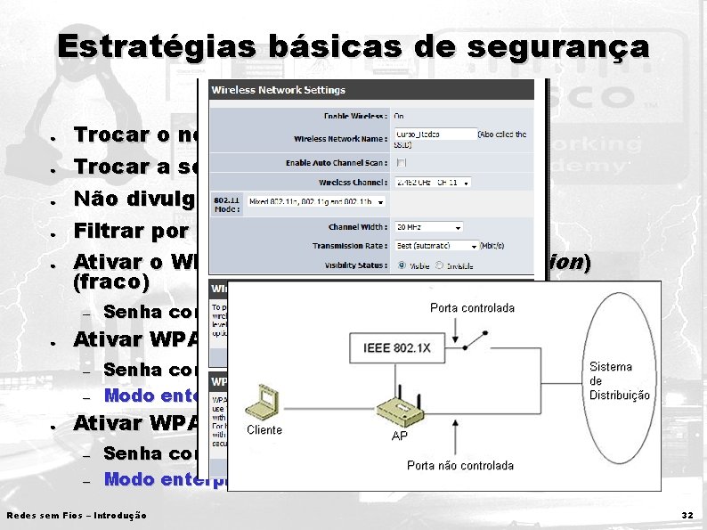 Estratégias básicas de segurança ● ● ● Trocar o nome do SSID padrão Trocar