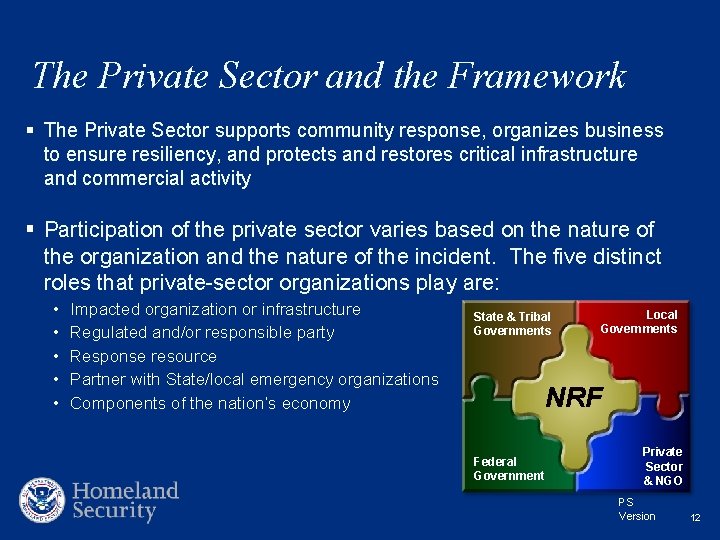 The Private Sector and the Framework § The Private Sector supports community response, organizes