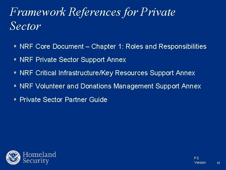 Framework References for Private Sector § NRF Core Document – Chapter 1: Roles and