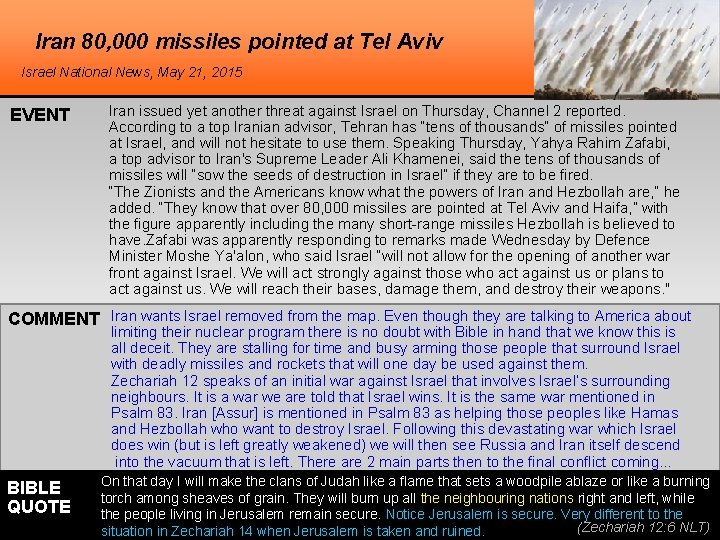 Iran 80, 000 missiles pointed at Tel Aviv Israel National News, May 21, 2015