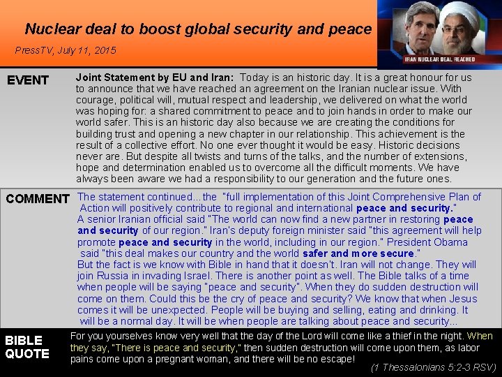Nuclear deal to boost global security and peace Press. TV, July 11, 2015 EVENT