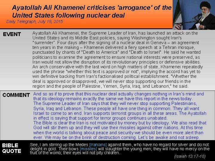 Ayatollah Ali Khamenei criticises 'arrogance' of the United States following nuclear deal Daily Telegraph,