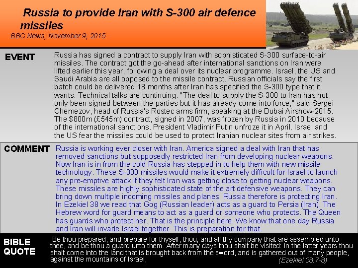 Russia to provide Iran with S-300 air defence missiles BBC News, November 9, 2015