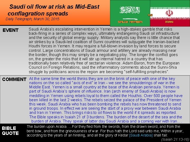 Saudi oil flow at risk as Mid-East conflagration spreads Daily Telegraph, March 30, 2015