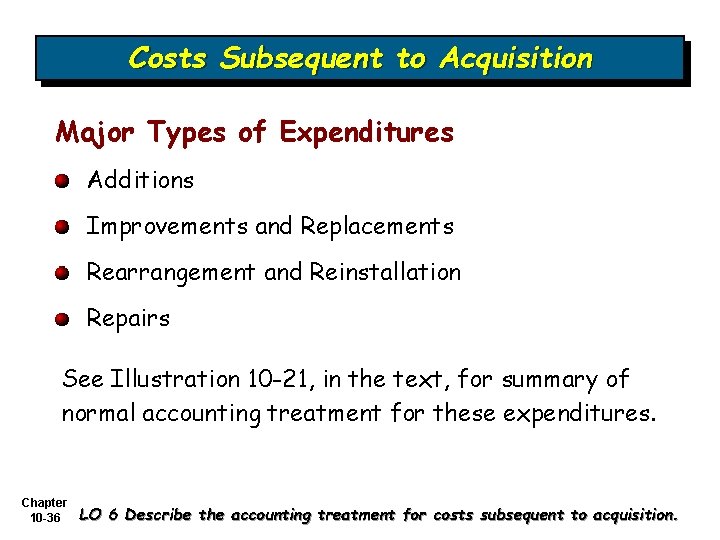 Costs Subsequent to Acquisition Major Types of Expenditures Additions Improvements and Replacements Rearrangement and