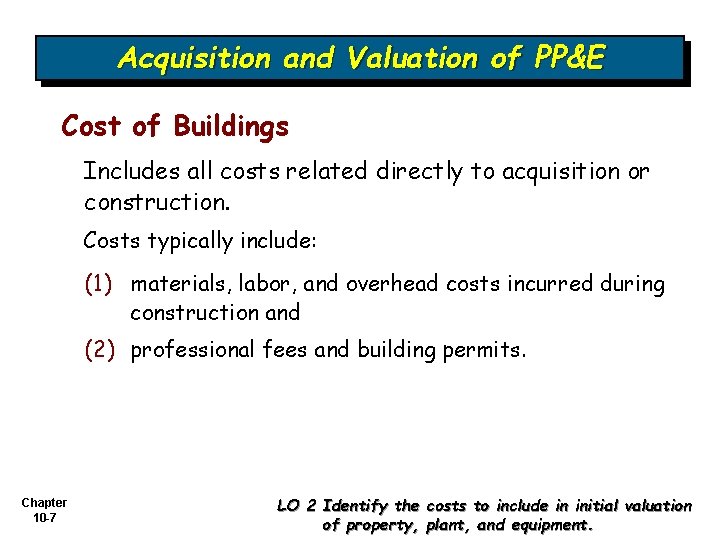 Acquisition and Valuation of PP&E Cost of Buildings Includes all costs related directly to