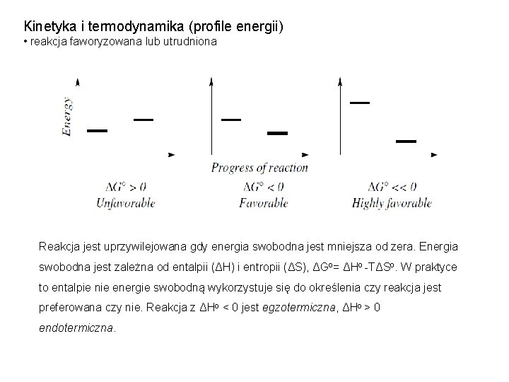 Kinetyka i termodynamika (profile energii) • reakcja faworyzowana lub utrudniona Reakcja jest uprzywilejowana gdy