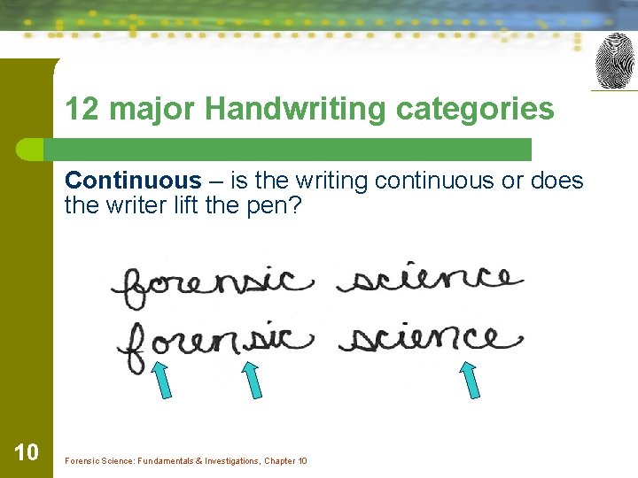 12 major Handwriting categories Continuous – is the writing continuous or does the writer